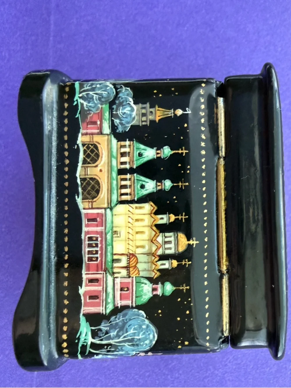 Hand-Painted Russian Lacquer Trinket Box in Black with Teal & Gold Accents - Picture 8 of 11